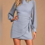 Lulus  Light Blue Much Love Swiss Dot Long Sleeve Tie Front Mini Dress Size S Photo 0