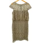 Tadashi Shoji  16 Blouson‎ Lace Sheath Dress Cap Sleeve Illusion Gold Beige Event Photo 2