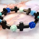 Rose & Cross Handmade Beaded Bracelet Shades of Blue Photo 3
