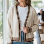 NWT Cream Horseback Knit Varsity Cardigan Sweater Jacket Horse Motif Medium Brown Photo 0