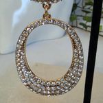 Statement Long Gold Oval Drop Earrings with Rhinestones Photo 4