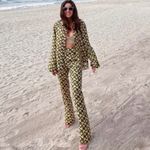 ZARA Geometric Print Wide Leg The Safia Satin Pant Green Black Size Medium Photo 3