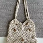 Vintage Ivory Crochet Wood Bead Detail Woven Cotton Lined Satchel Purse Handmade Tan Photo 9