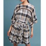 Maeve  Anthropologie Oversized Plaid Kimono Tunic Dress Tie WaistTan Black Small Photo 4