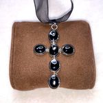 Chunky Black Onyx Sterling Silver Cross Pendant on Ribbon Necklace Photo 0