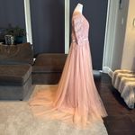 Women’s Pink Lace Appliqué Tulle Wedding Formal Prom Dress Leg Slit Size L NWOT Size L Photo 3