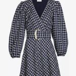 Tanya Taylor NWT  Nicola Navy Blue Plaid Long Sleeve Plunge dress Photo 2