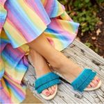 Birdies Sparrow Fringe Slide Sandal Teal Azure Satin Mule Size 10 Photo 1