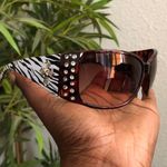 Y2K Mcbling Whimsygoth Gothic Baddie Cyber Vixen Trendy Streetwear Brown cross sunglasses rhinestone silver bedazzled studs Grunge Gorpcore Zebra Striped Oversize Round White Black #acubi Pink Photo 0