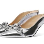 JiaBinji  Heeled Mules Chain Embellished Pointed Toe Stiletto Mules for Women Slip on Backless Party Bridal Shoes Silver Size 5.5 Photo 0