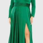 IEENA for MAC DUGGAL Emerald Green V Neck Long Sleeve High Slit Gown Evening 20W Photo 0
