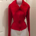 Y2K Red zip up faux fur peter pan collar zip up ribbed fitted sweater cardigan jacket long sleeve Size XL Photo 2