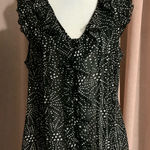 black & white polka dot sheer pleated & ruffle button up blouse Photo 0