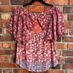 Lucky Brand  womens floral flutter sleeve back cutout boho top coral S Photo 4