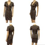 Beyove Ruched Brown Bodycon Ribbed V Neck Button Front Short Sleeve Mini Dress S Photo 1