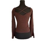 Knit Mix Brown Sweetheart Neck Crop Top Ribbed Sweater Bell Sleeve Sz S Photo 3