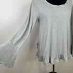 Umgee  Heather Gray Ribbed Bell Sleeve Lace Back Ruffle Hem Long Sleeve Top Photo 1