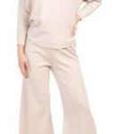 Sioni Womens Ribbed Knit Elastic Waistband Wide Leg Pants Beige Size Medium NWT Tan Photo 0