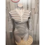 White & Brown Striped Henley Ribbed Knit Top – Small White Photo 1