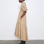 ZARA Asymmetric Puff Sleeve Tiered Cotton Poplin Midi Dress in Camel Size XS Photo 10
