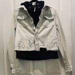 Free People RARE Double Weave Denim Jacket Hoodie Distressed Layered Boho Small Photo 4