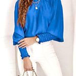 PRETTYGARDEN Long smocked sleeve pleated mock neck cobalt blue blouse top size small Photo 0