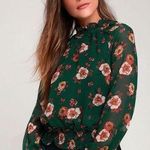 J.O.A. Alia Green Floral Sheer Smocked Waist Mock Neck Long Sleeve Blouse S Photo 0