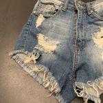 Machine Women's Distressed Raw Cut Frayed Hem Jean Shorts Blue Size Small Photo 4