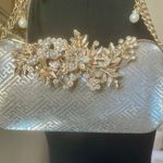 New! Bridal Metal Embellished Fancy Clutch Color Silver with Shimmer Gold Brooch Photo 1