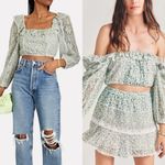 Love Shack Fancy Womens Top S Green Floral Pullover Lace Ruffle Crop DORABELLA Photo 4