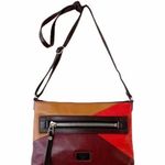 Fossil  Dawson Pebble Leather Patchwork Crossbody‎ Tan Maroon Persimmon Zip Bag Photo 0