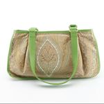 ETRO GREEN FAUX LEATHER TRIM W/TAN & GRAY COTTON PAISLEY PRINT BODY SATCHEL BAG Photo 2