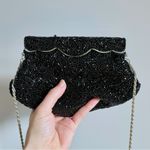 La Regale Scalloped Black Beaded Ornate Evening Clutch Purse, Crossbody Chain Photo 1