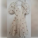 NWT En Saison Square Neck Puff Sleeve Mini Dress White Gold Embroidery Med Photo 6