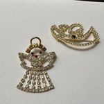 Lot Of 2 Prong Set Rhinestone Christmas Holiday Angels Brooch Pin Gold Tone Photo 0