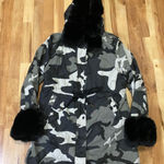ASA Faux Fur Puffer Jacket Gray Camo Print Oversized Hooded Coat New Small Photo 0