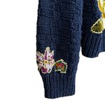 Vintage 80s 90s Navy Hand Knit Sweater w/ Floral Detail & Gold Stitching M/L Photo 2