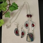 Silver Plate Chain Necklace with Red Onyz and Ruby in Fuchsite Pendant Earrings Photo 1