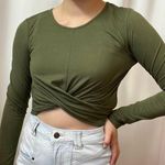 NWOT Green Long Sleeve Twist Front Crop Top Long Sleeve Shirt Size Medium Photo 0