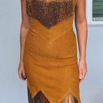 Western leather suede, kasey musgraves vibes,lace up,fringe bead vintage dress S Tan Photo 3