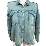 POL Frayed Denim Shacket Jacket Size L Blue Snap Front Distressed Western Style Photo 0