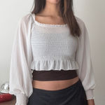 Romwe  White Sheer Bishop Sleeve Smocked‎ Crop Top Ruffle Trim Square Neck Blouse Photo 0