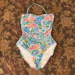 J.Crew  Floral Bandeau Swimsuit size 12 Blue Multi Removable Halter Photo 2