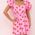 Pitusa Pink Polka Dot Babydoll Mini Dress Puff Sleeves Open Back Size Small NWT Photo 0
