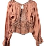 Free People NWT  Boho Puff Sleeve Megan Crocheted Cropped Top Coral Shirt XS $128 Photo 5