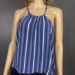 Solemio  Top Womens Size Large Racerback High Neck Blouse Shirt Blue Stripes Photo 1