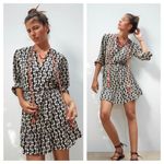 ZARA  Black Cream Mini Dress XS Abstract Print Ruffle Hemline 3/4th Puff Sleeves Photo 14