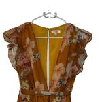 Luxxel  Maxi Dress Plunging Neckline Cap Ruffle Sleeves Yellow Gold Floral Size S Photo 2