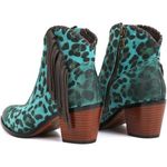 Western Cowgirl Ankle Boots Size 6 Turquoise Leopard Cattle Leather Fringe Blue Photo 3