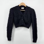Line and Dot Fuzzy Knit Cropped Cardigan V Neck Button Up Sweater Black Small Photo 1